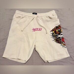 Ed Hardy • White/Pink Retro Tiger Hardy fleece shorts • Size S